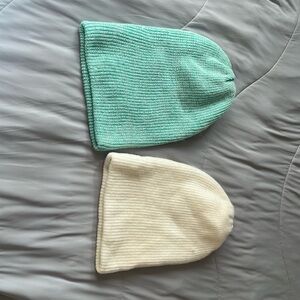 Cream and green winter toboggan hats